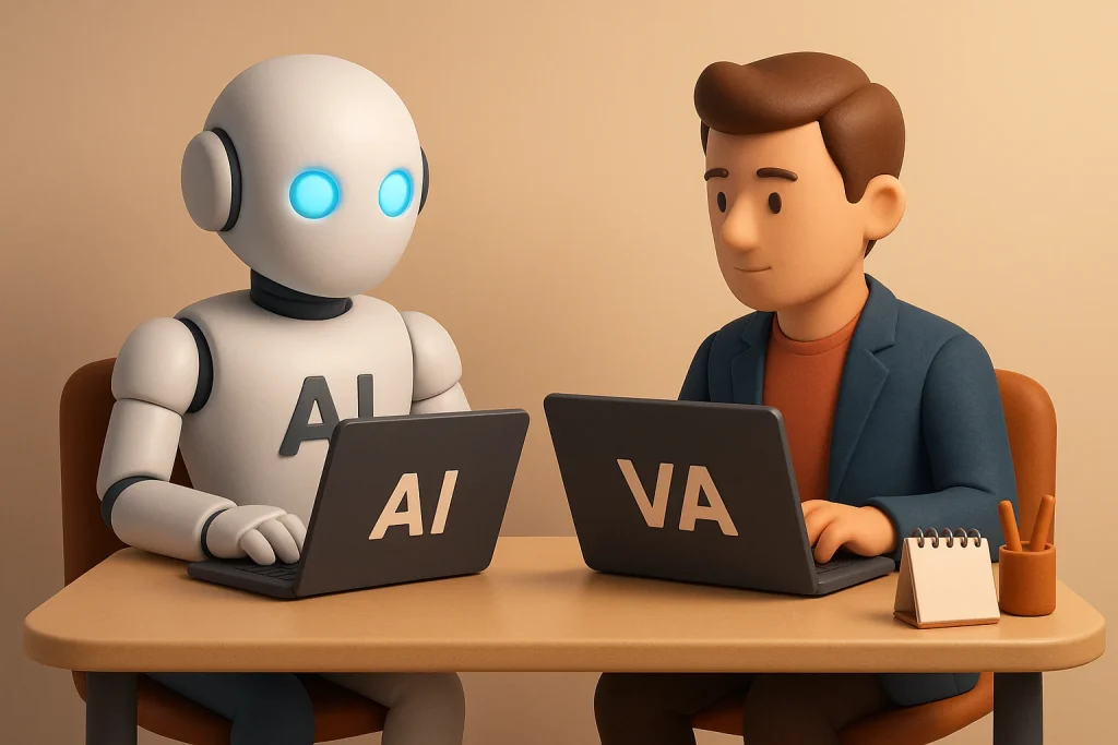 Ilustracja przedstawiająca robota AI i wirtualnego asystenta (VA) pracujących przy komputerach – wizualne ujęcie tematu „Czego nie zrobi za Ciebie AI”, podkreślające rolę człowieka w zadaniach wymagających kontekstu, relacji i elastyczności.