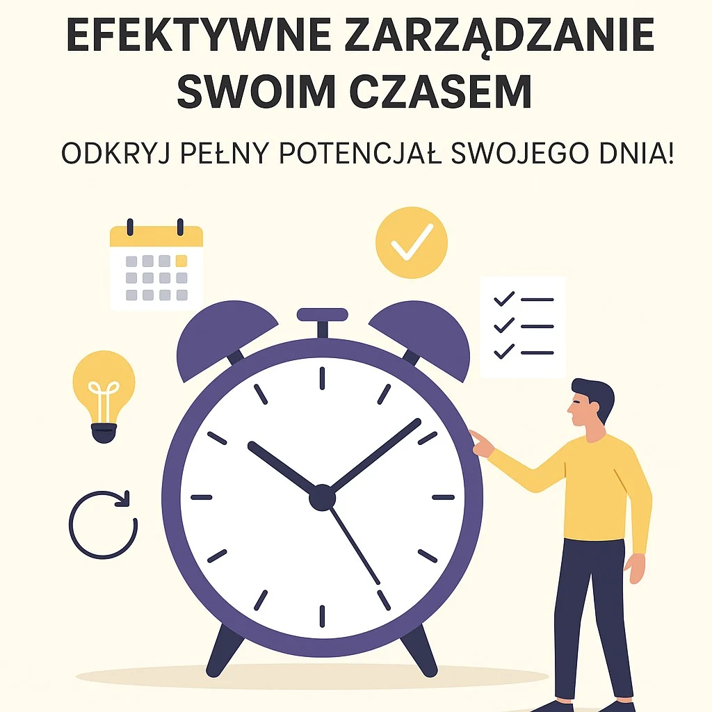 Ilustracja z dużym zegarem i osobą wskazującą godzinę, otoczona ikonami symbolizującymi planowanie i organizację – wizualne przedstawienie idei zarządzania czasem i efektywnego wykorzystania dnia.