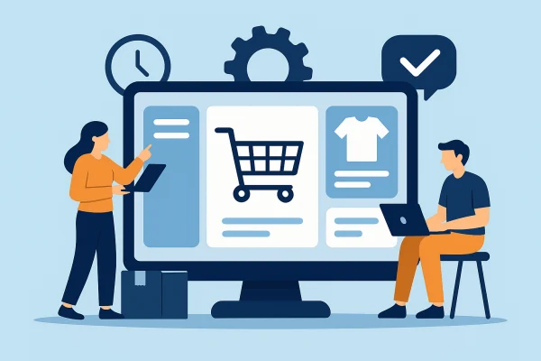 Animowana ilustracja przedstawiająca proces obsługa e-commerce: komputer, ikony zakupów i postać pracująca przy zarządzaniu sklepem internetowym.