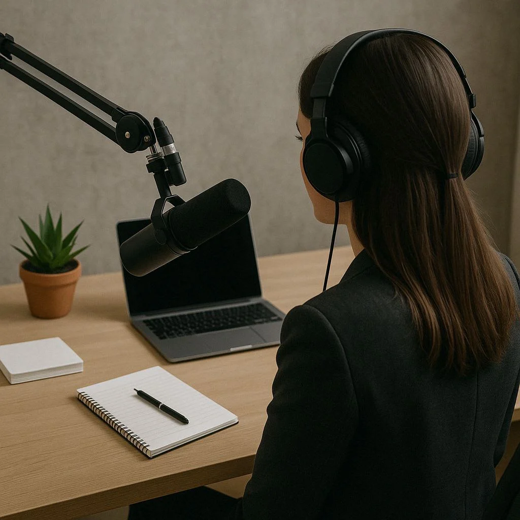 Wirtualna asystentka siedzi przy komputerze. Ma słuchawki na głowie.